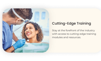 Dentist with patient, cutting-edge training text.