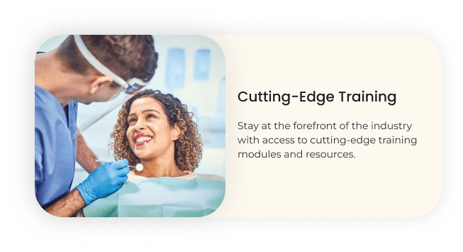 Dentist with patient, cutting-edge training text.