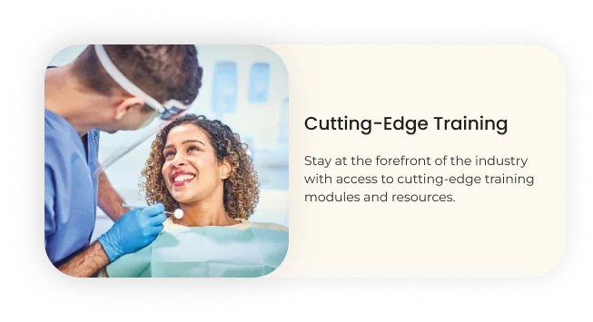 Dentist with patient, cutting-edge training text.