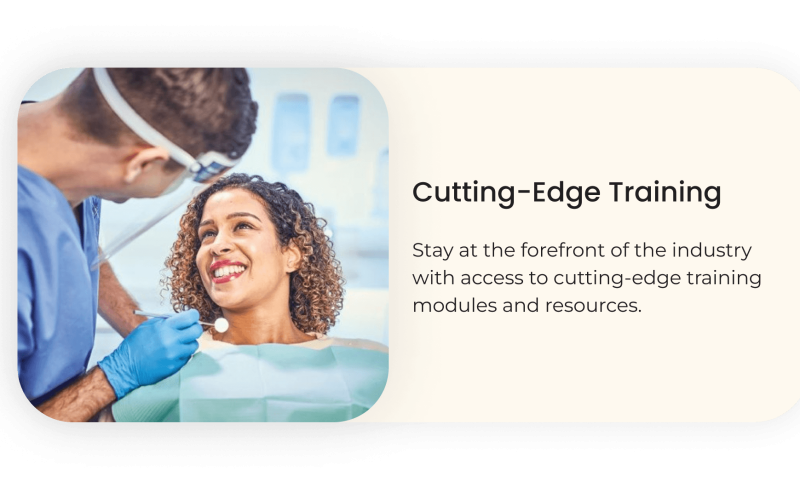 Dentist with patient, cutting-edge training text.