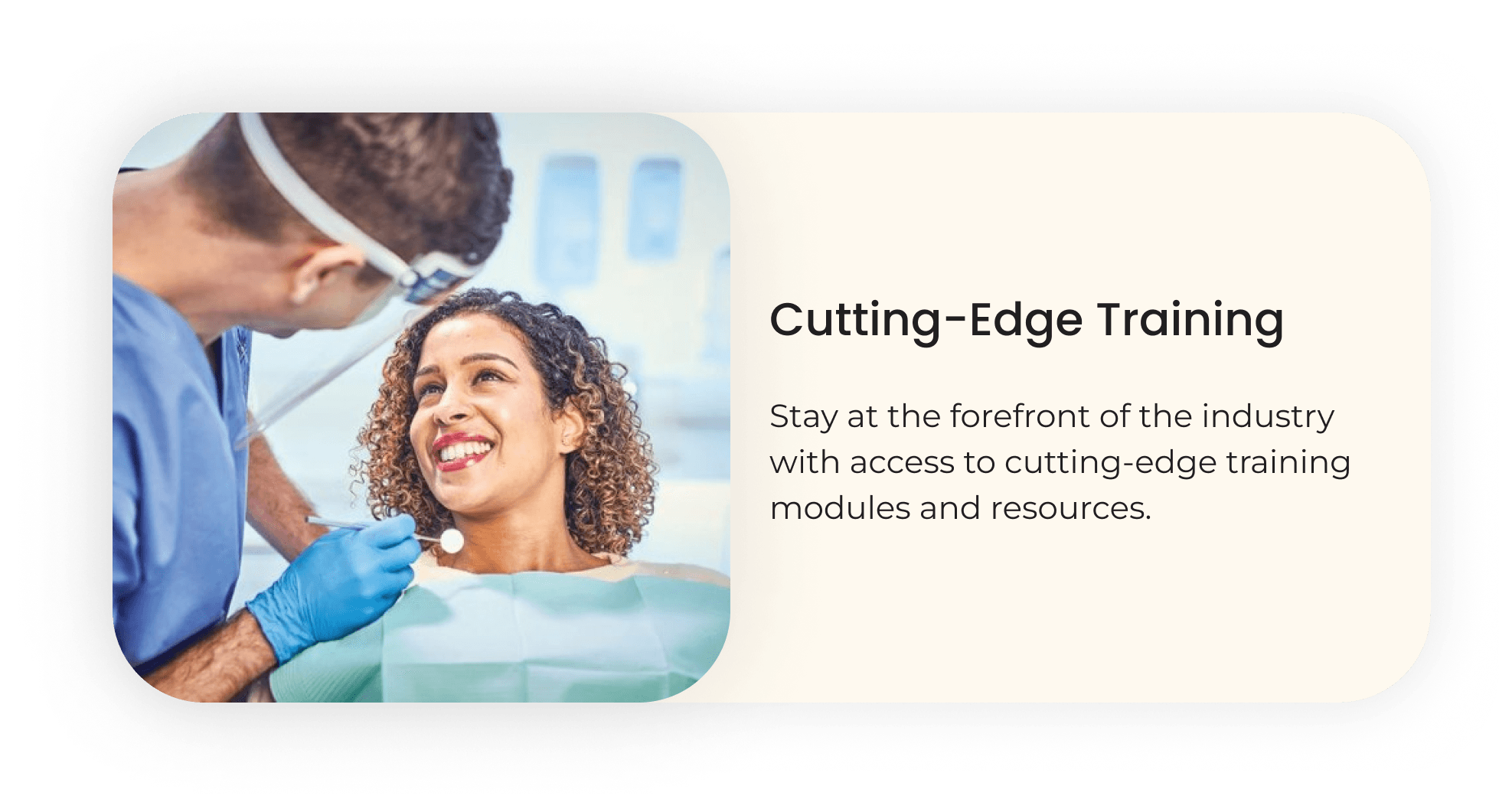 Dentist with patient, cutting-edge training text.