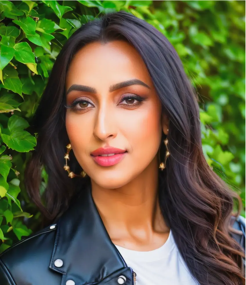 A confident woman with long dark hair and gold earrings in front of greenery.