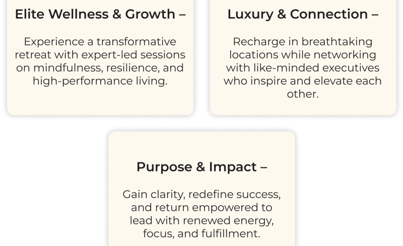 A slide highlighting Wellness & Growth, Luxury & Connection, and Purpose & Impact themes.