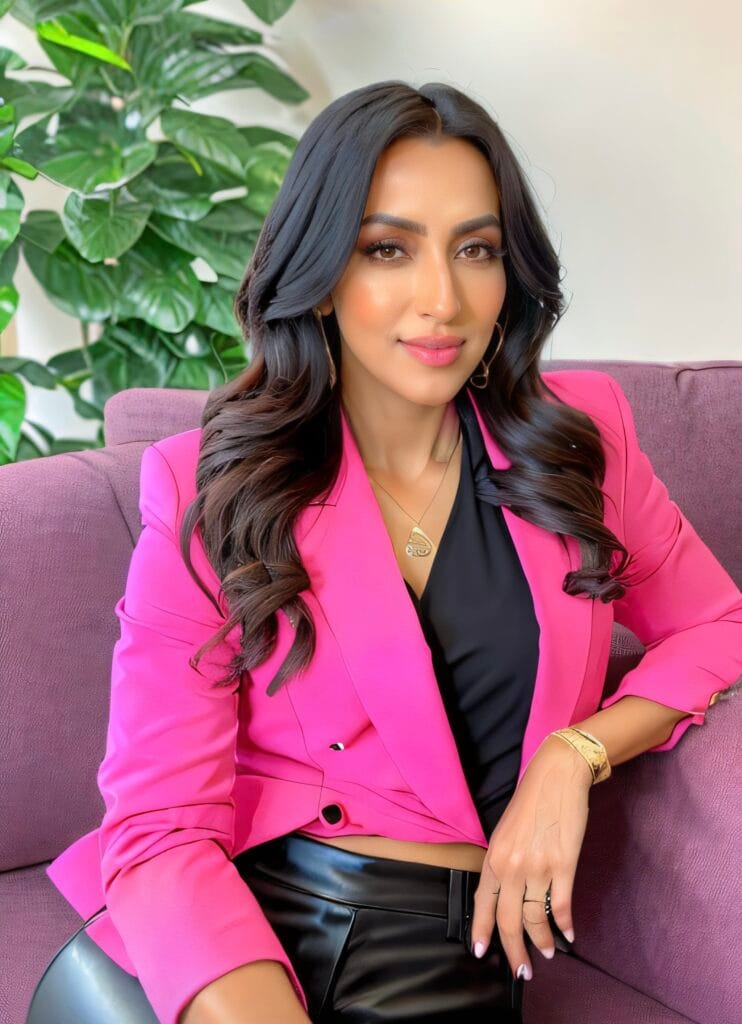 A professional woman in a pink blazer sits on a purple couch.