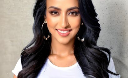 Smiling woman with long black hair in a white top.