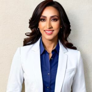 Professional woman in a white blazer and blue shirt.