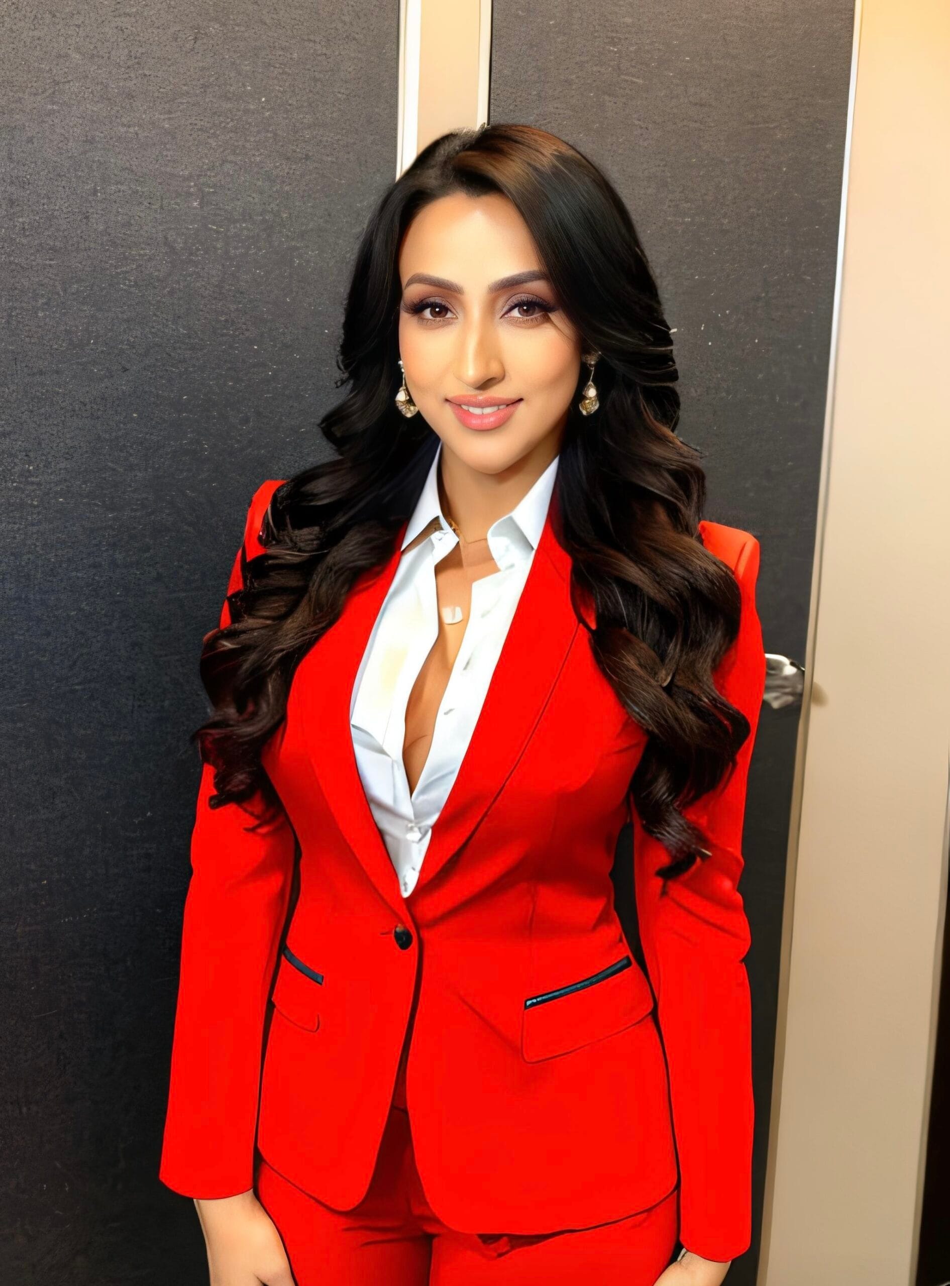 Woman in a red blazer with long dark hair posing indoors.