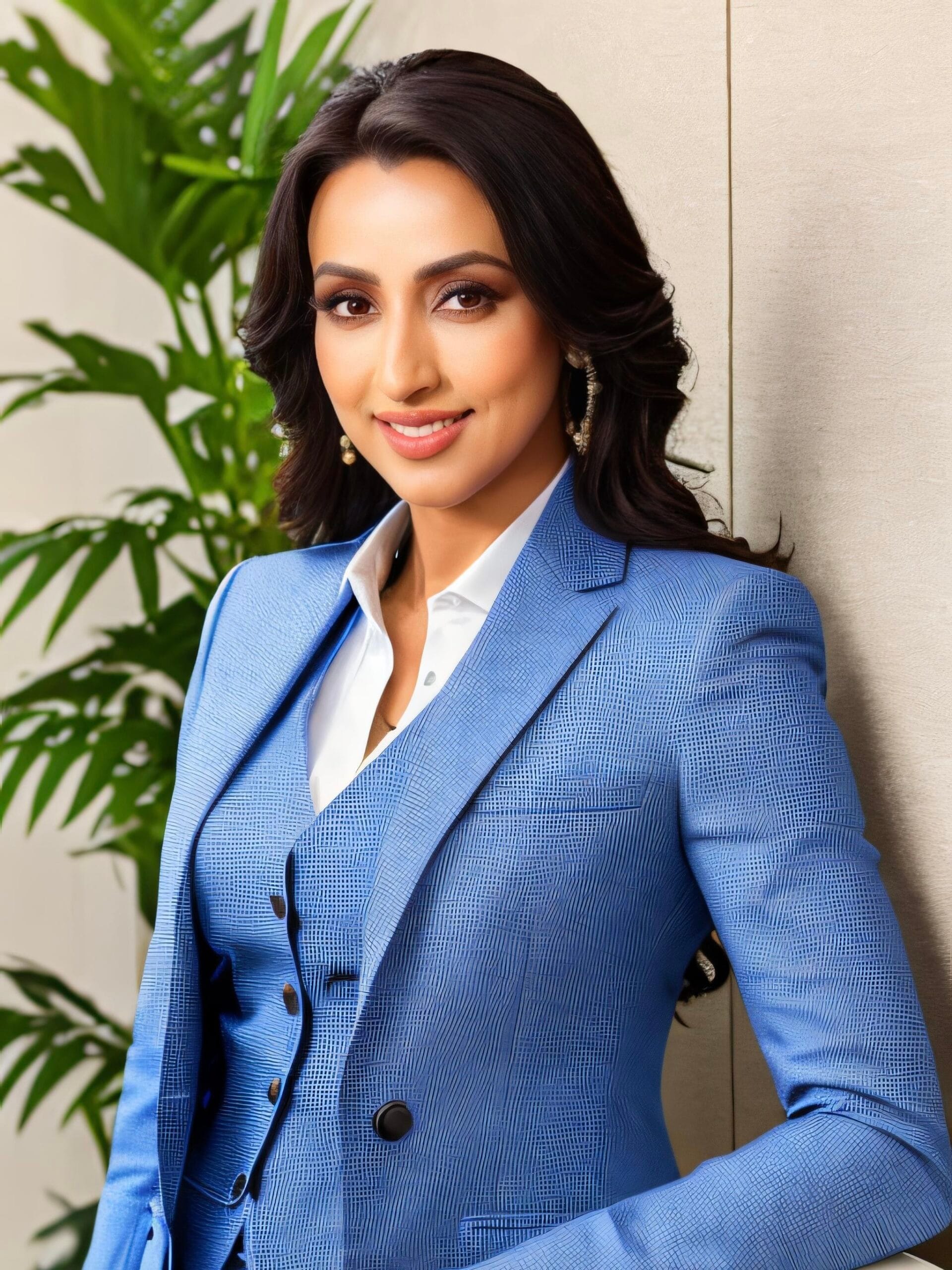 Professional woman in a blue suit smiling confidently.